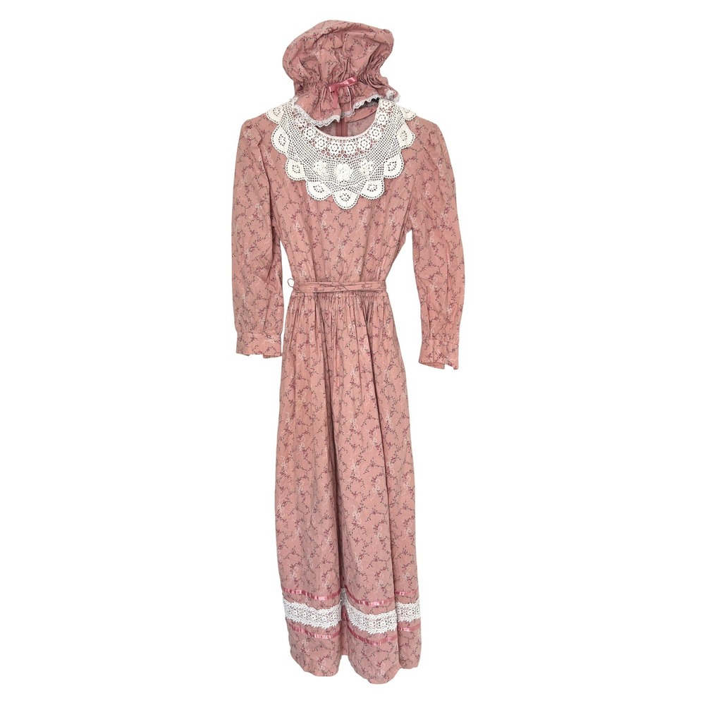 Handmade Prairie Dress bonnet Pink Floral‎ Lace costume coquette cottage pioneer